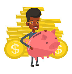 Image showing Businessman holding a big piggy bank.