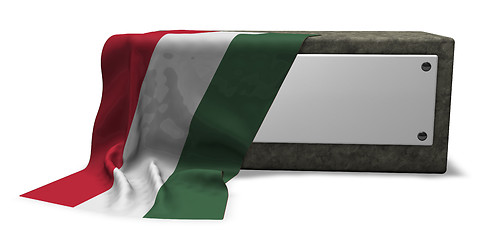 Image showing stone socket with blank sign and flag of hungary - 3d rendering