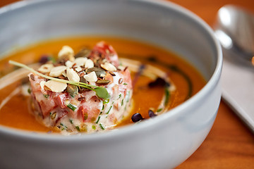 Image showing close up of vegetable pumpkin-ginger soup in bowl