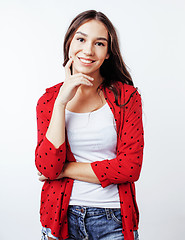 Image showing young pretty stylish hipster girl posing emotional isolated on white background happy smiling cool smile, lifestyle people concept close up