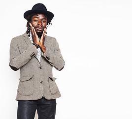 Image showing young handsome afro american boy in stylish hipster hat gesturin