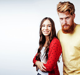 Image showing young pretty teenage couple, hipster guy with his girlfriend hap