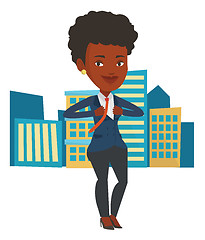 Image showing Business woman opening his jacket like superhero.