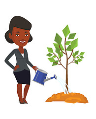 Image showing Woman watering tree vector illustration.