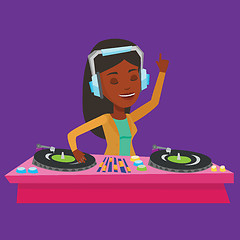 Image showing DJ mixing music on turntables vector illustration.