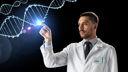 Image showing doctor or scientist in white coat with dna