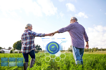 Image showing happy senior couple holding hands at summer farm