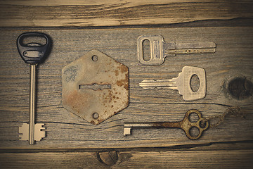 Image showing A set of lost keys and an old keyhole
