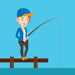 Image showing Woman fishing on jetty vector illustration.