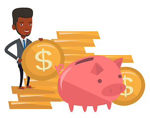 Image showing Businessman putting coin in piggy bank.