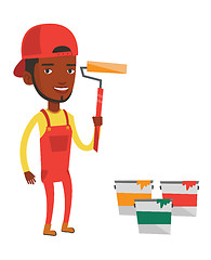 Image showing Painter holding paint roller vector illustration.