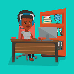 Image showing Business woman with headset working at office.
