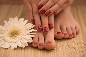 Image showing female feet and hands at spa salon