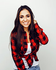 Image showing young happy smiling latin american teenage girl emotional posing on white background, lifestyle people concept