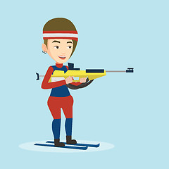 Image showing Cheerful biathlon runner aiming at the target.