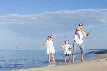 Image showing Father and children playing on the beach at the day time.