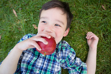 Image showing Mixed Race Chinese and Caucasian Young Boy With Apple Relaxing O