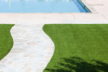 Image showing New Artificial Grass Installed Near Walkway and Pool.
