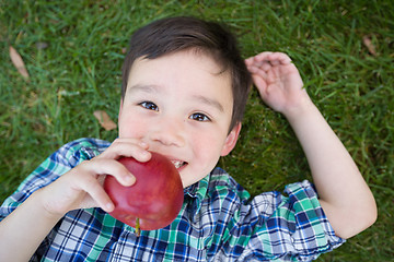 Image showing Mixed Race Chinese and Caucasian Young Boy With Apple Relaxing O
