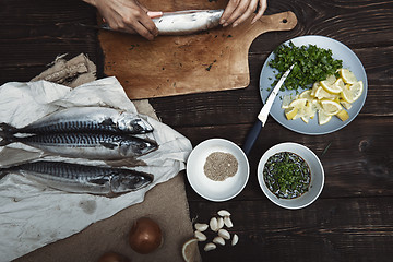 Image showing Woman preparing mackerel fish