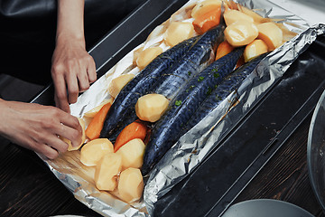 Image showing Woman putting fish and vegetables to the baking sheet