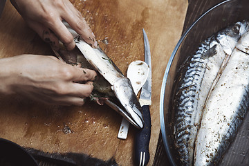 Image showing Woman preparing mackerel fish