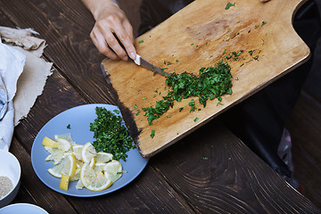 Image showing Woman cutting culinary plants and vegetables