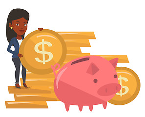 Image showing Businesswoman putting coin in piggy bank.