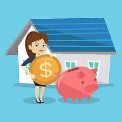 Image showing Woman puts money into piggy bank for buying house.