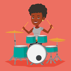 Image showing Woman playing on drum kit vector illustration.