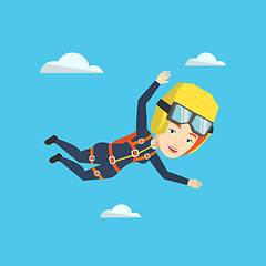 Image showing Caucasian parachutist jumping with parachute.