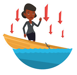 Image showing Business woman standing in sinking boat.