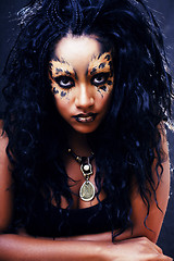 Image showing beauty afro girl with cat make up, creative leopard print