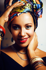 Image showing beauty bright african woman with creative make up, shawl on head like cubian