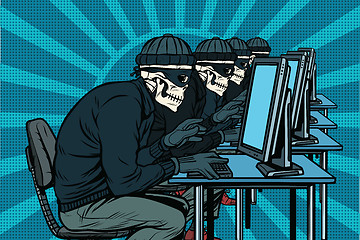 Image showing The hacker community, skeletons hacked computers