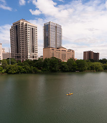 Image showing Yellow Kayak Austin Texas Downtown City Skyline Colorado River