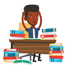 Image showing Student sitting at the table with piles of books.