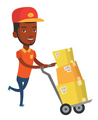 Image showing Delivery postman with cardboard boxes on trolley.