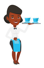 Image showing Waitress holding tray with cups of coffeee or tea.