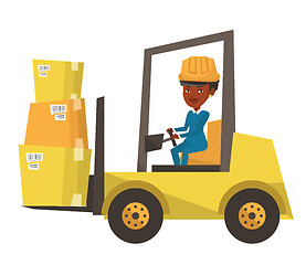 Image showing Warehouse worker moving load by forklift truck.