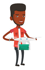 Image showing Man controlling delivery drone with post package.