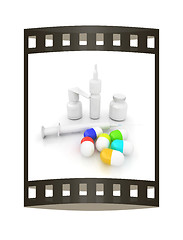 Image showing Syringe, tablet, pill jar. 3D illustration. The film strip