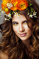 Image showing Beauty young woman with flowers and make up close up, real spring beauty