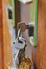 Image showing Open garden gate with key