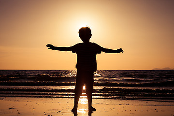 Image showing Happy little boy standing on the beach