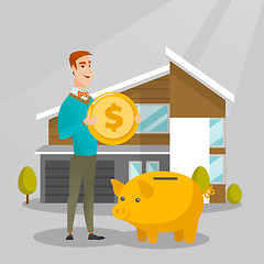 Image showing Man saving money in piggy bank for buying house.