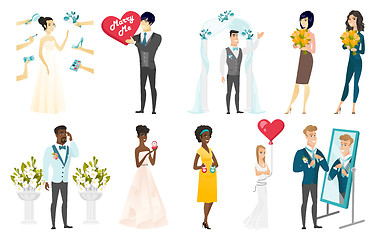 Image showing Bride and groom vector illustrations set.