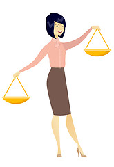 Image showing Asian business woman holding balance scale.