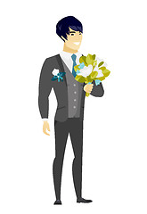 Image showing Young caucasian groom with a bridal bouquet.