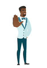Image showing African-american groom showing palm hand.